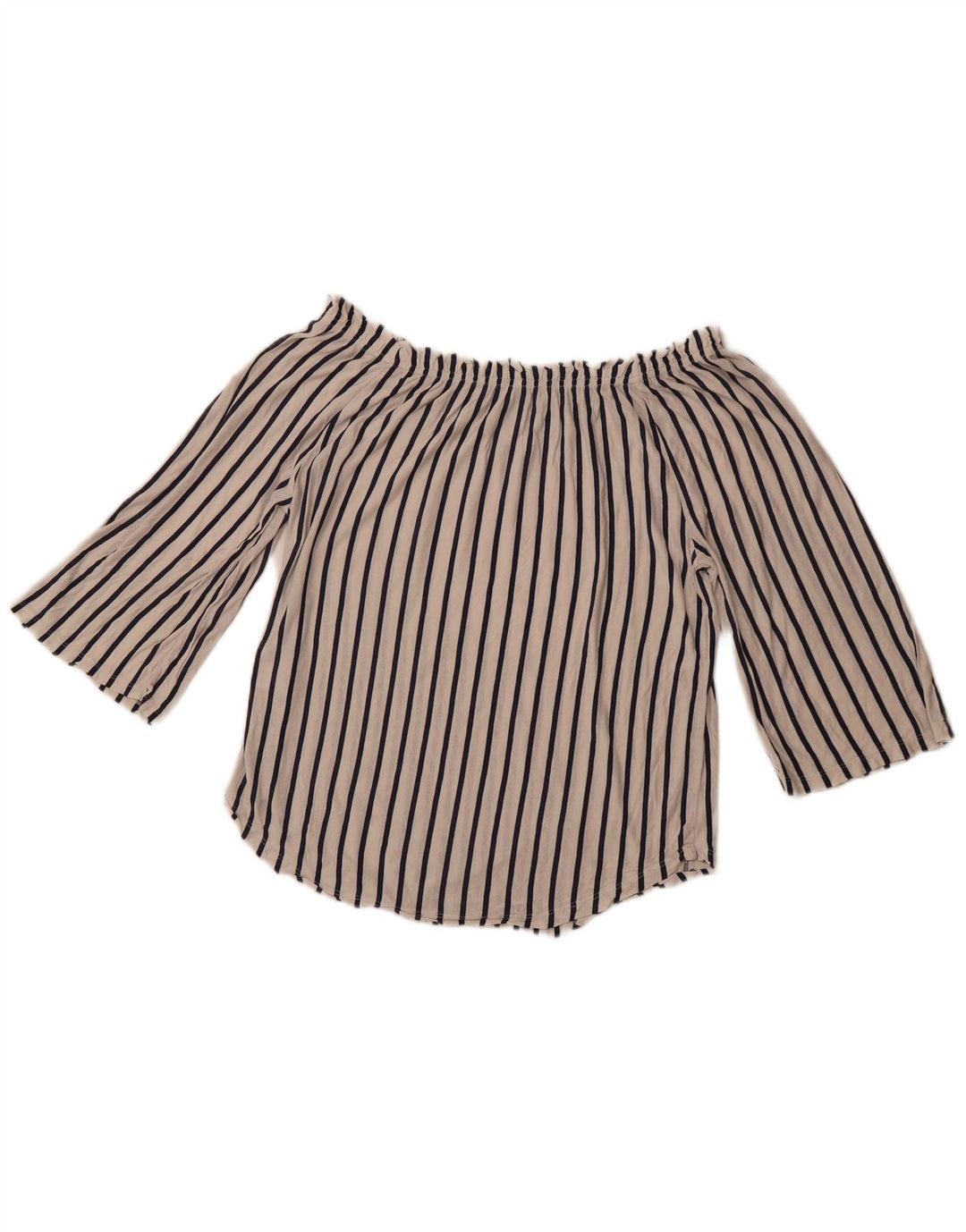 BENETTON Γυναικείο μανίκι 3/4 μπλούζα ώμου UK 14 μέτριο λευκό ριγέ