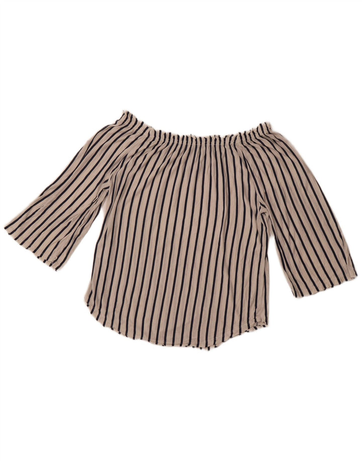 BENETTON Γυναικείο μανίκι 3/4 μπλούζα ώμου UK 14 μέτριο λευκό ριγέ