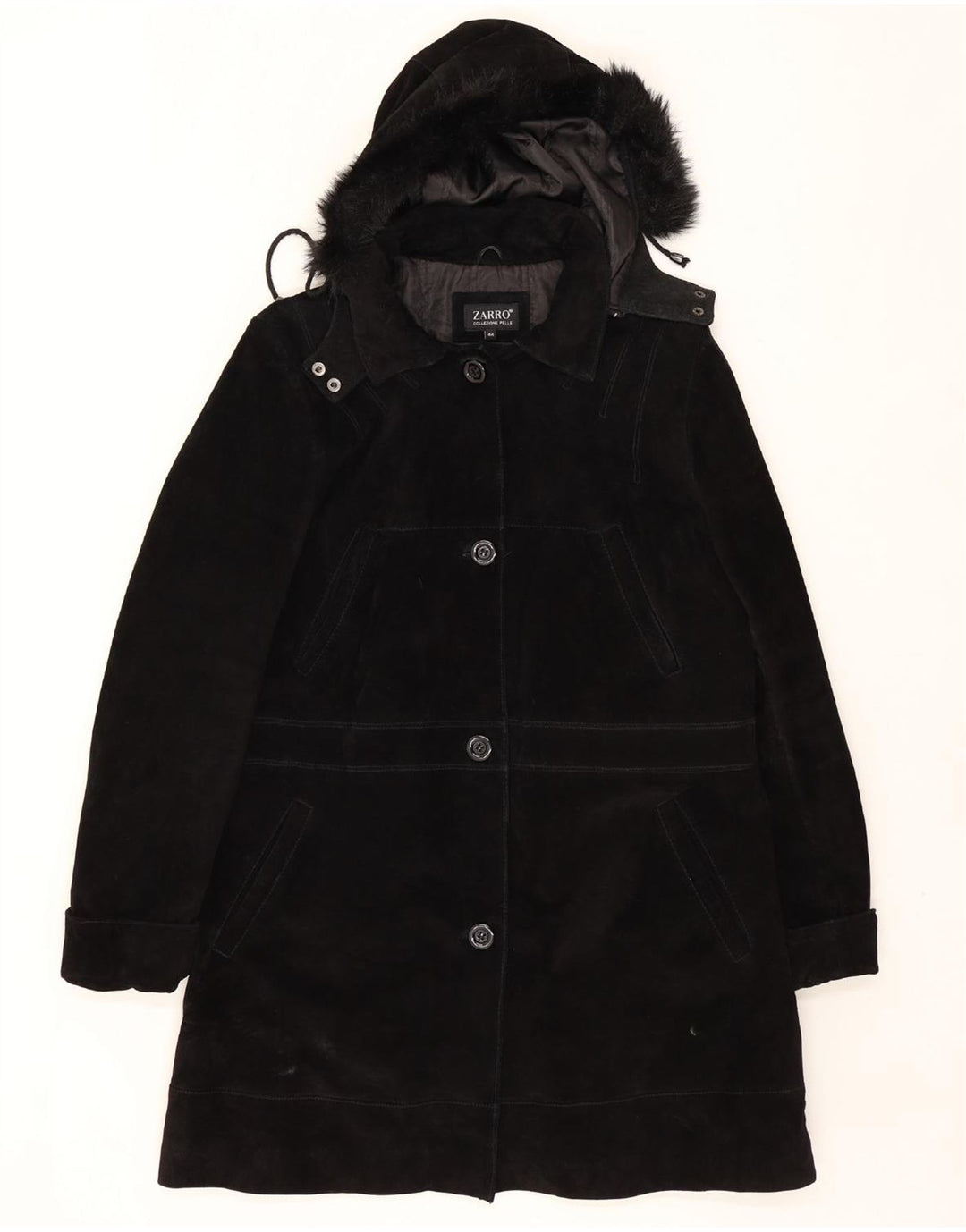 ZARRO Womens Hooded Suede Overcoat IT 44 Medium Black Leather Vintage Zarro and Second-Hand Zarro from Messina Hembry 