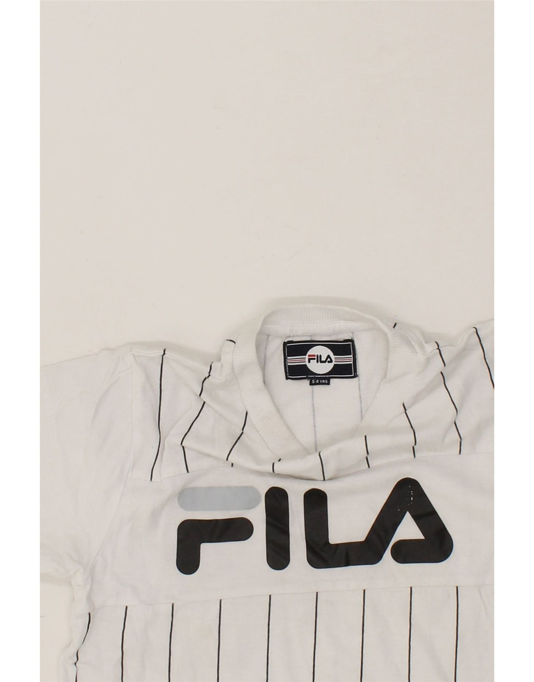 FILA Boys Graphic T-Shirt Top 5-6 Years White Striped Vintage Fila and Second-Hand Fila from Messina Hembry 