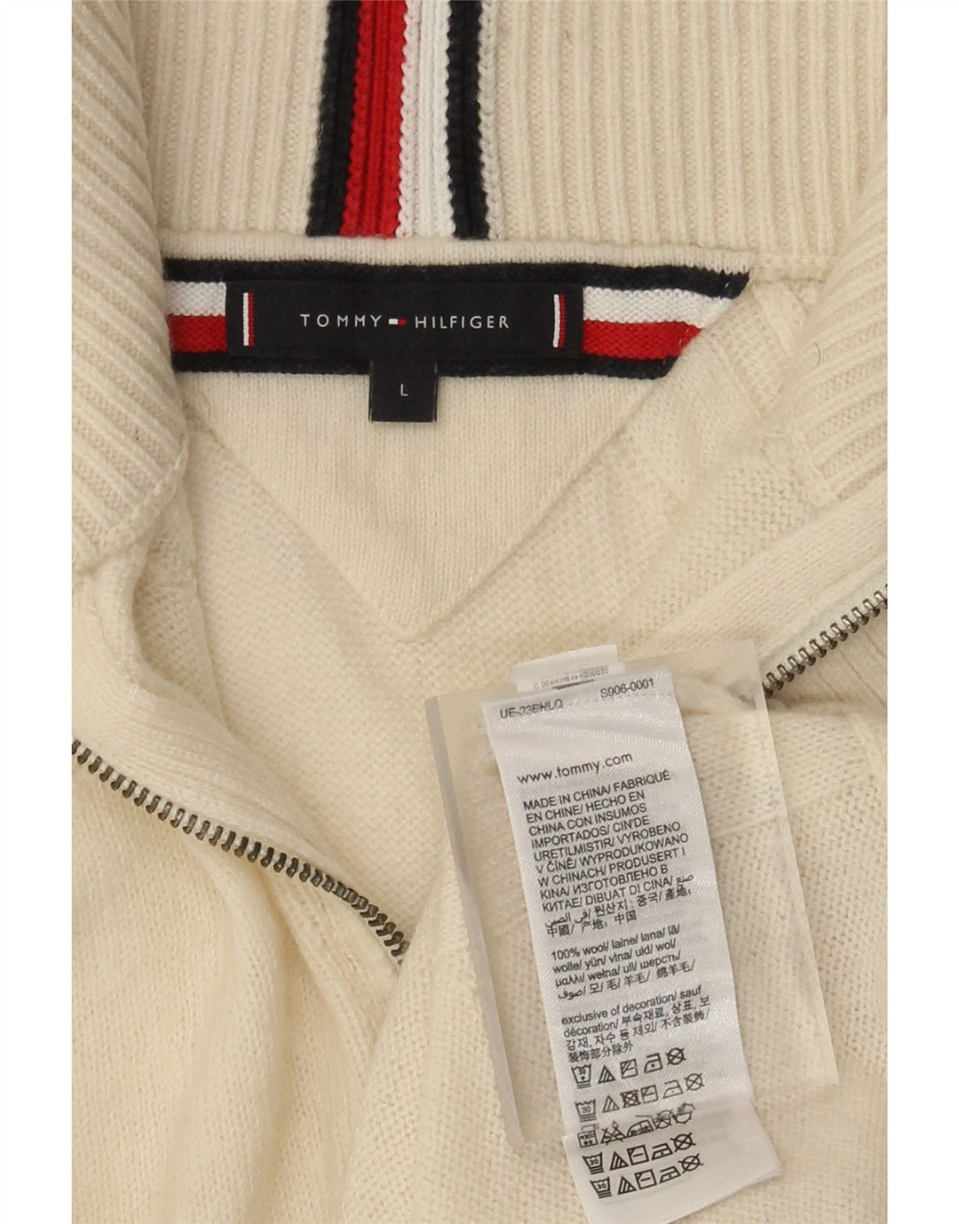 Ανδρικό πουλόβερ με φερμουάρ Tommy Hilfiger, μάλλινο μεγάλο σε ανοιχτό λευκό χρώμα