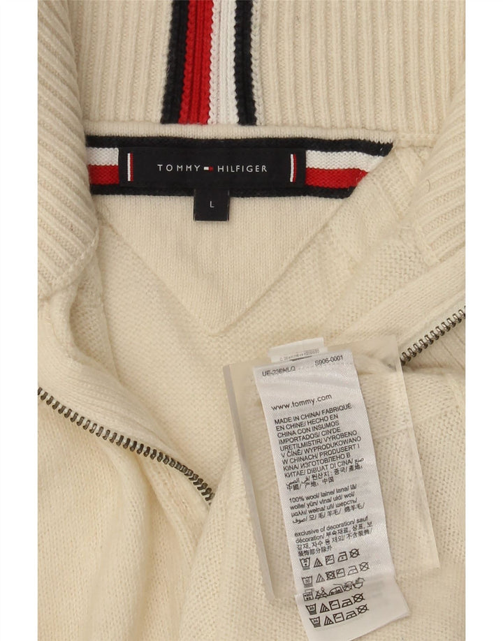 Ανδρικό πουλόβερ με φερμουάρ Tommy Hilfiger, μάλλινο μεγάλο σε ανοιχτό λευκό χρώμα