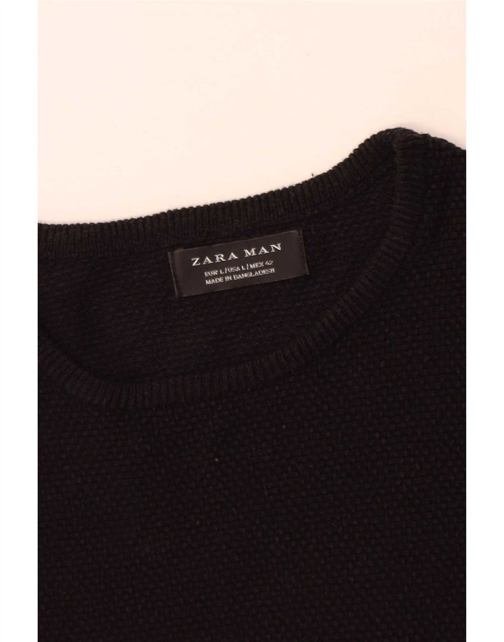 Ανδρικό πουλόβερ Zara Crew Neck Jumper Μεγάλο μαύρο βαμβακερό