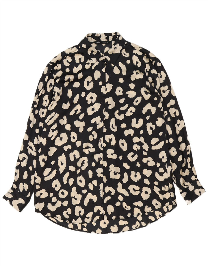 Zara Γυναικείο πουκάμισο Μπλούζα UK 14 Medium Μαύρο Animal Print Polyester