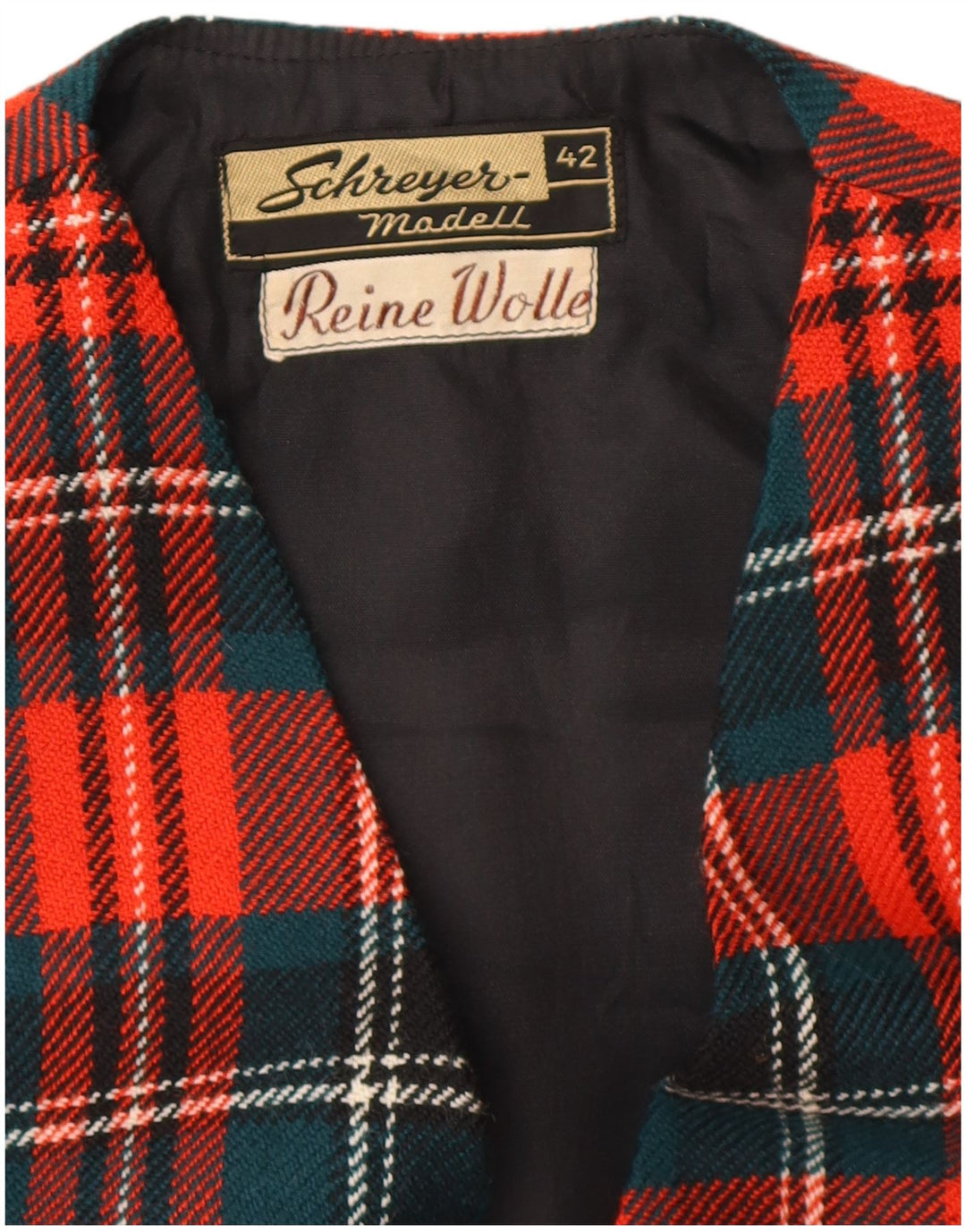 VINTAGE Γυναικείο Crop Γιλέκο EU 42 Μεγάλο κόκκινο καρό παρθένο μαλλί