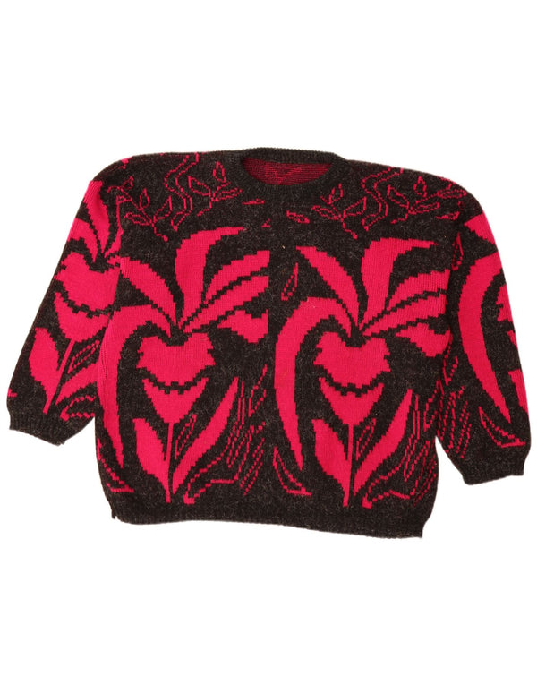 VINTAGE Γυναικείο πουλόβερ με λαιμό βάρκα UK 20 2XL Μαύρο φλοράλ ακρυλικό