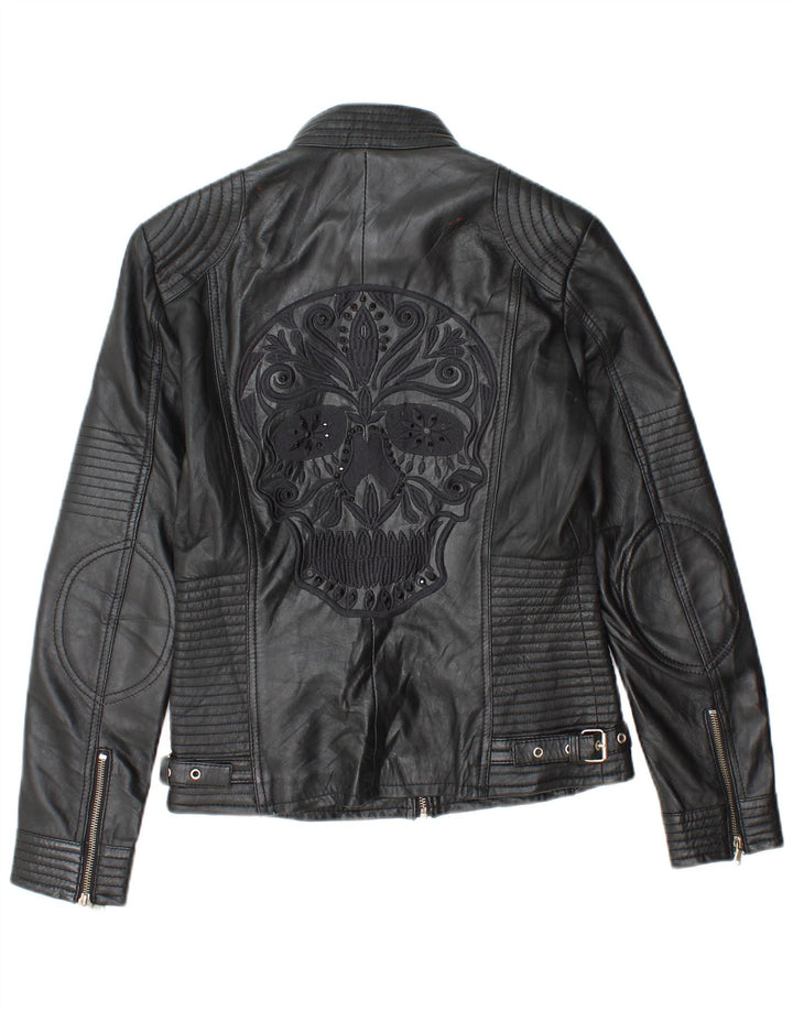 Vintage Γυναικείο Γραφικό Δερμάτινο Μπουφάν Biker EU 38 Medium μαύρο δέρμα