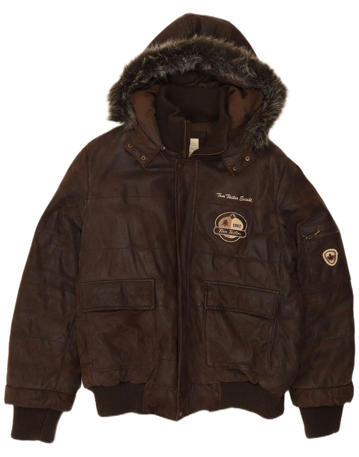 Tom Tailor Mens Graphic Leather Bomber Jacket UK 40 Large Brown Leather