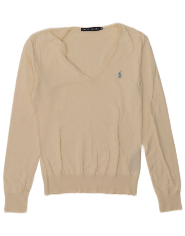 Γυναικείο πουλόβερ Ralph Lauren με V λαιμόκοψη UK 12 Βαμβακερό μεσαίο ανοιχτό λευκό