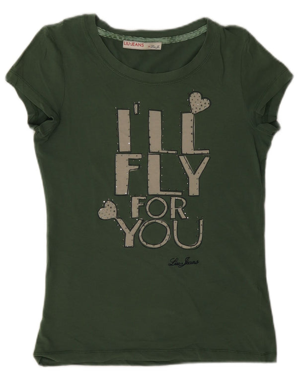 Liu Jo Γυναικείο γραφικό T-Shirt Top UK 6 XS Πράσινο βαμβακερό