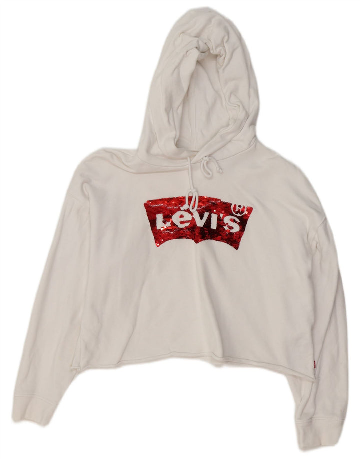 LEVI'S Γυναικείο υπερμεγέθη Crop Hoodie Jumper UK 14 Μεσαίο λευκό βαμβακερό