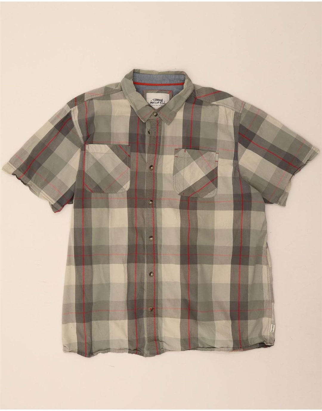 Ανδρικό κοντομάνικο πουκάμισο Weird Fish 3XL Χακί Check Cotton