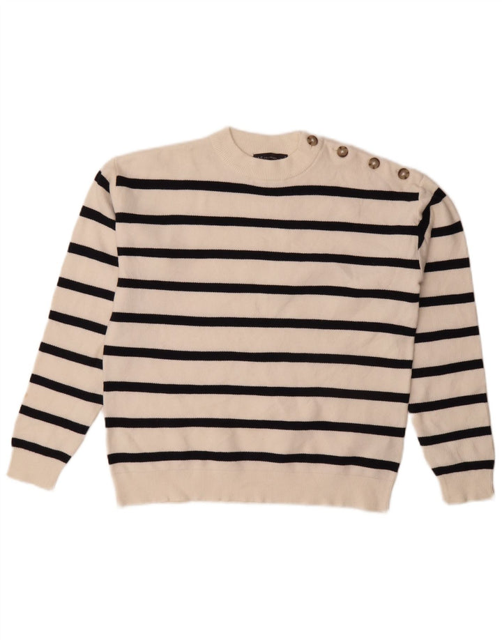 Marks & Spencer Γυναικείο πουλόβερ με λαιμόκοψη UK 10 Small White ριγέ