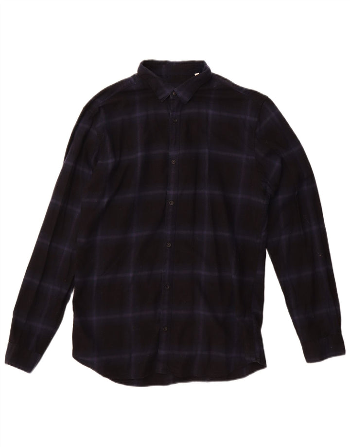 JACK & JONES Ανδρικό πουκάμισο φανελένιο νούμερο 40 Medium Navy Blue Check Cotton