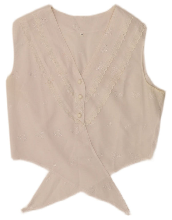 Vintage γυναικείο Crop μπλούζα με γραβάτα μπλούζα UK 12 Medium White Floral