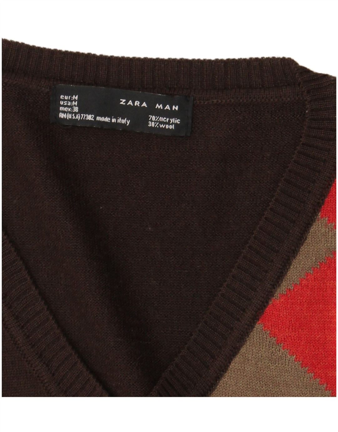 Ανδρικό πουλόβερ Zara με V λαιμόκοψη, Μεσαίο Καφέ Argyle/Diamond