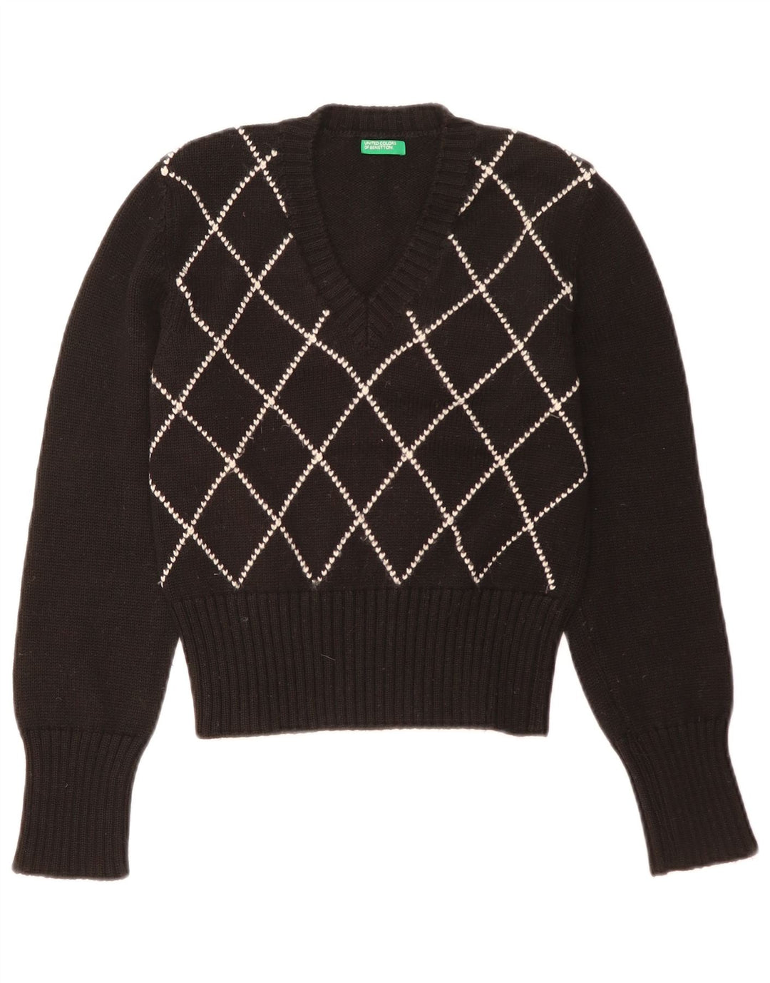Γυναικείο πουλόβερ με λαιμόκοψη της Benetton UK 12 Medium Black Argyle/Diamond