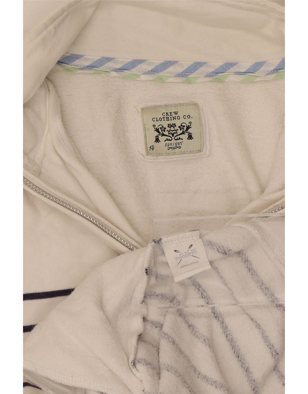 CREW CLOTHING Γυναικεία φούτερ με φερμουάρ Jumper UK 14 Large White ριγέ