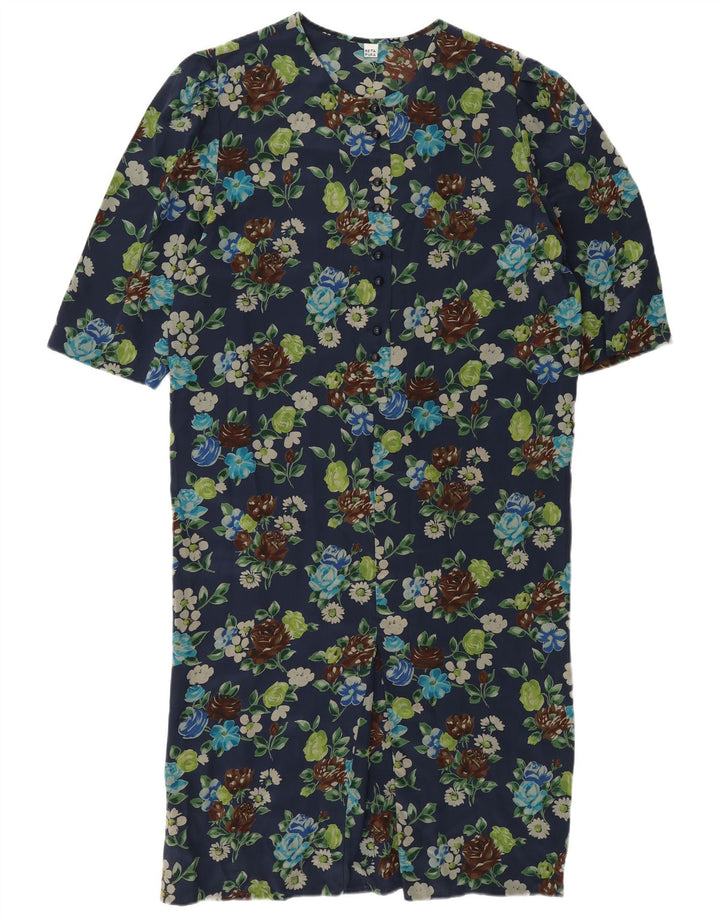 Vintage γυναικείο φόρεμα Shift UK 12 Medium Navy Blue Floral Silk