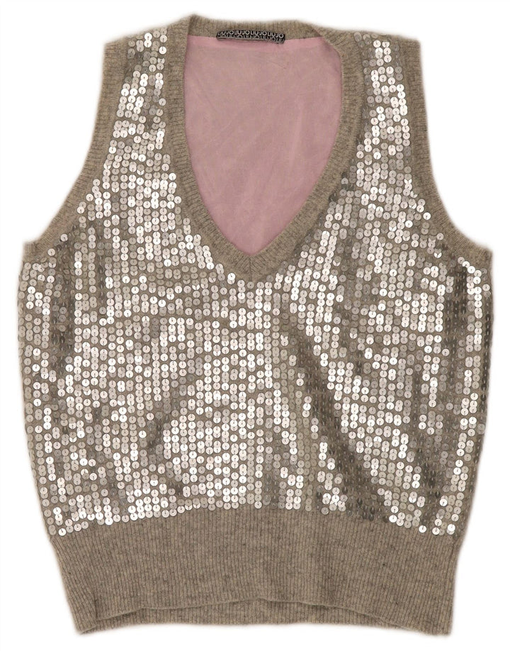 Liu Jo Womens Crop Sequin Vest Tank Top IT 42 Medium Grey Wool