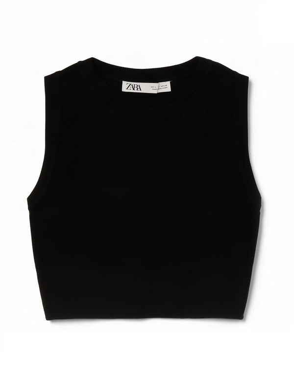 Zara Γυναικείο Crop Vest Top UK 12 Medium Black Viscose