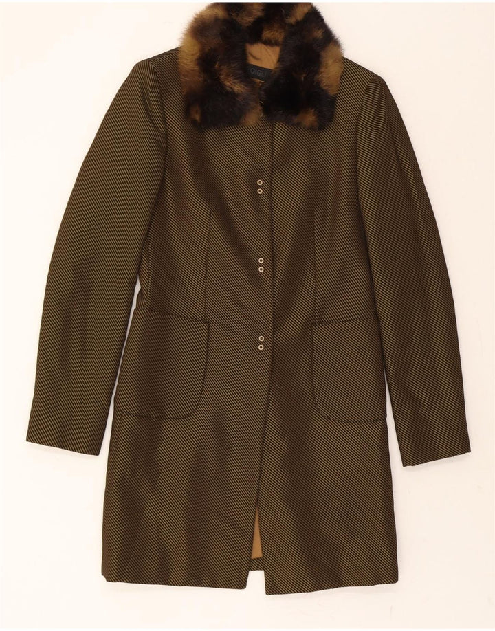 GIGLI Womens Overcoat IT 40 Small Khaki Striped Acetate Classic Vintage Gigli and Second-Hand Gigli from Messina Hembry 