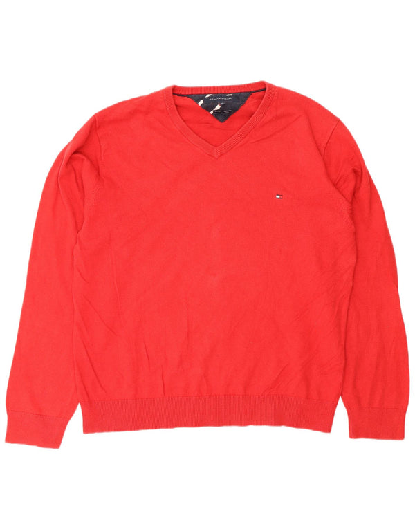 Ανδρικό πουλόβερ Tommy Hilfiger με V λαιμόκοψη XL κόκκινο βαμβακερό