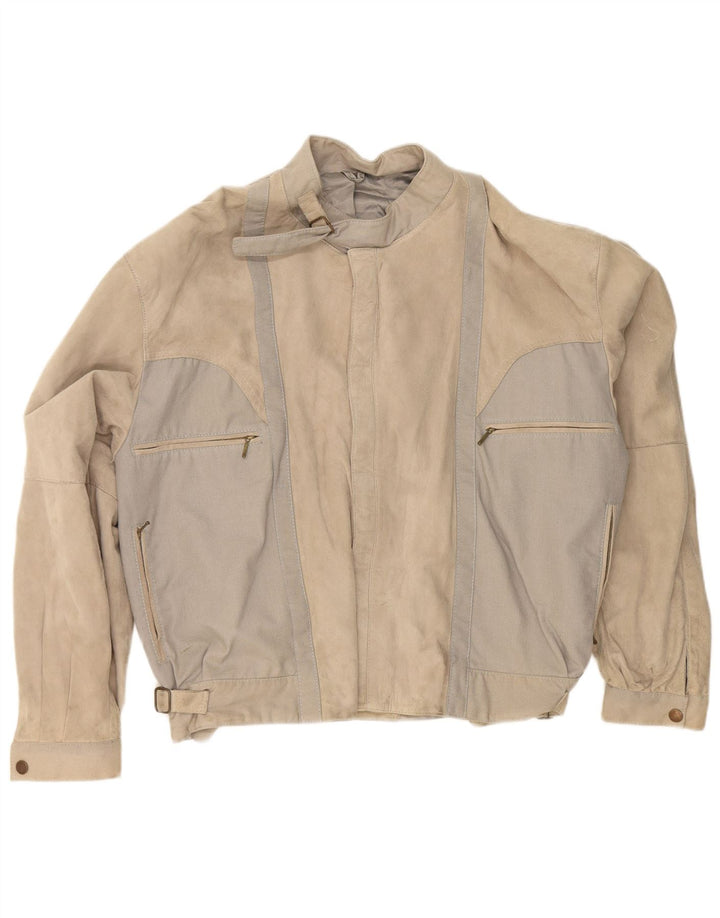 Vintage Ανδρικό Suede Racer Jacket IT 50 Large Beige Colourblock Δερμάτινο
