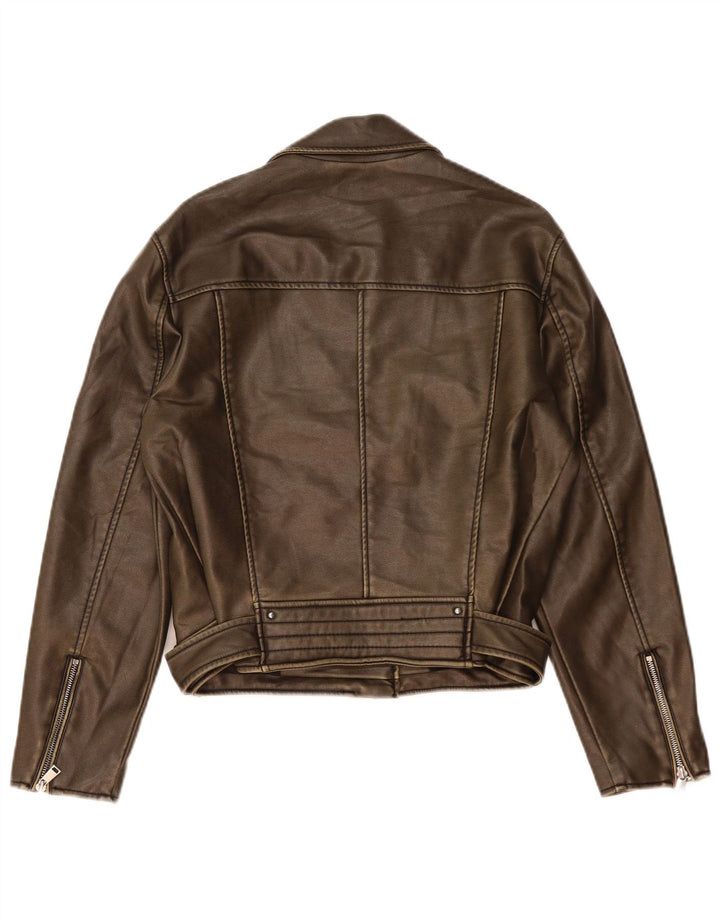 Zara Γυναικείο Faux Leather Biker Jacket UK 14 Μεσαίο καφέ πολυαιθυλένιο