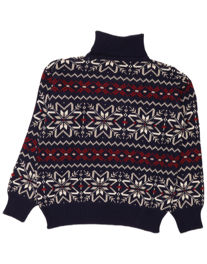 Vintage Ανδρικό πουλόβερ με ρολό λαιμόκοψη Μεγάλο Navy Blue Fair Isle