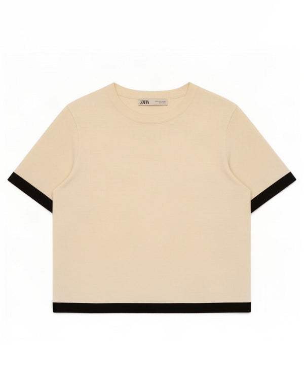 Zara γυναικείο μπλουζάκι Crop Top UK 10 Small Beige Colourblock Viscose