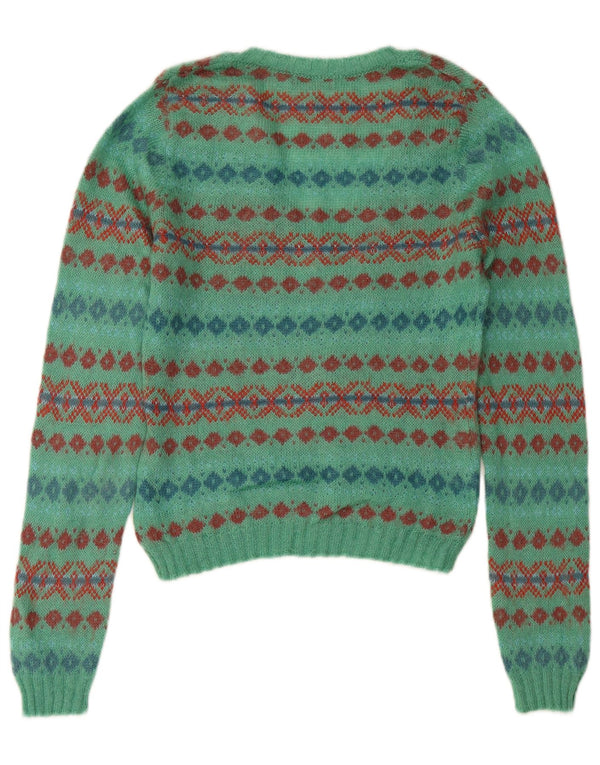 Γυναικείο πουλόβερ SISLEY Crop με V λαιμόκοψη UK 14 Medium Turquoise Fair Isle