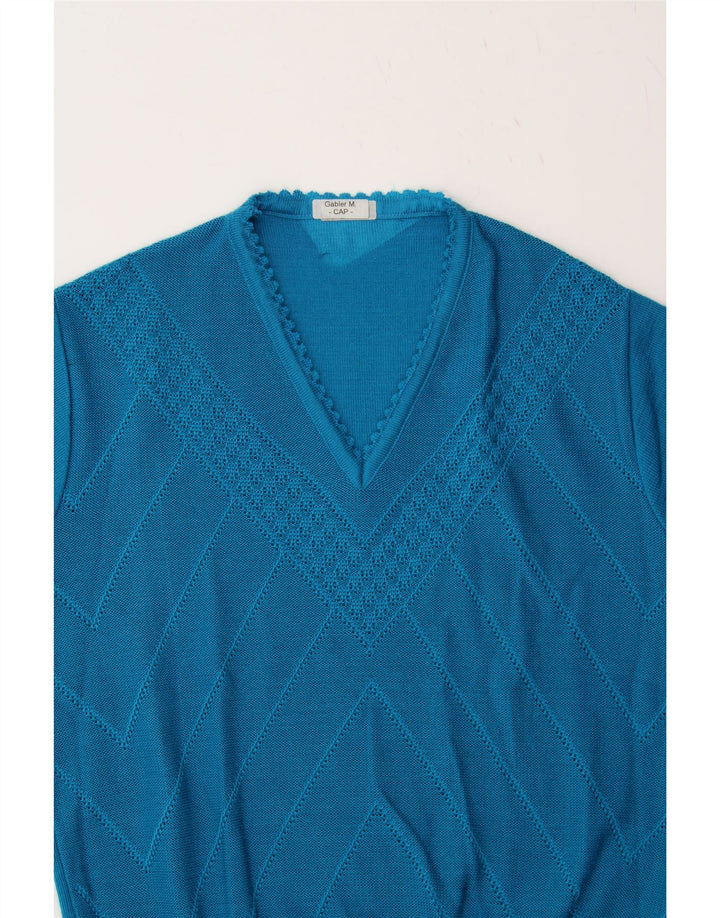 VINTAGE Womens V-Neck Jumper Sweater UK 14 Medium Blue Chevron Vintage Vintage and Second-Hand Vintage from Messina Hembry 