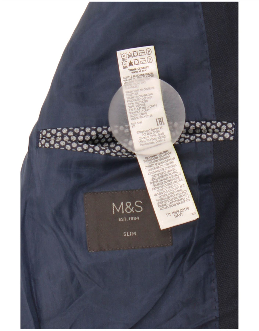 Marks & Spencer Ανδρικό μπουφάν με 2 κουμπιά, λεπτό μπλέιζερ UK 38 Medium Navy Blue