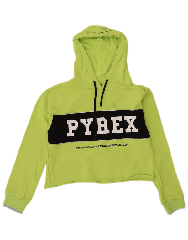 Pyrex Womens Crop Graphic Hoodie Jumper UK 14 Medium Green Colourblock