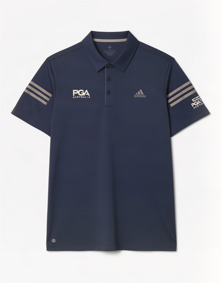 Ανδρικό γραφικό πόλο μπλουζάκι Adidas, μεσαίο μπλε ναυτικό πολυεστέρας