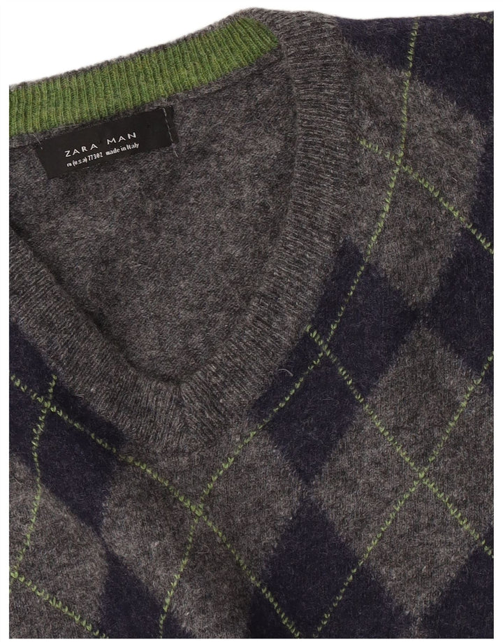 Ανδρικό πουλόβερ Zara με V λαιμόκοψη Μεσαίο Γκρι Argyle/Diamond