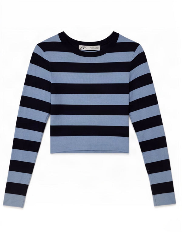 Zara Γυναικείο Crop τοπ μακρυμάνικο UK 12 Medium Navy Blue ριγέ