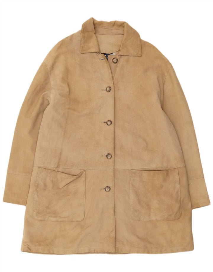 VINTAGE Γυναικείο Σουέντ Παλτό IT 46 Μεγάλο Δερμάτινο Μπεζ