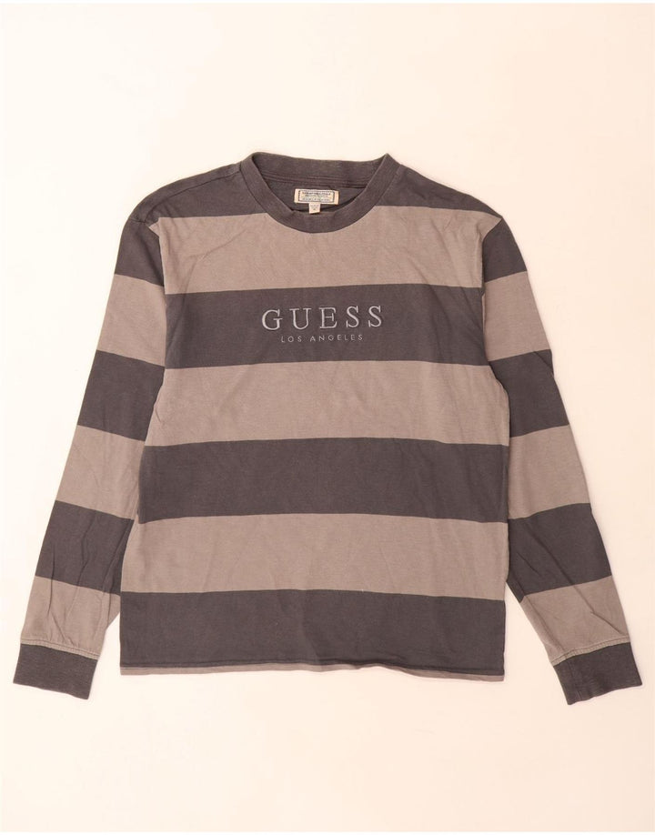 Ανδρικό γραφικό μπλουζάκι Guess με μακρυμάνικο μεσαίο γκρι βαμβακερό ριγέ