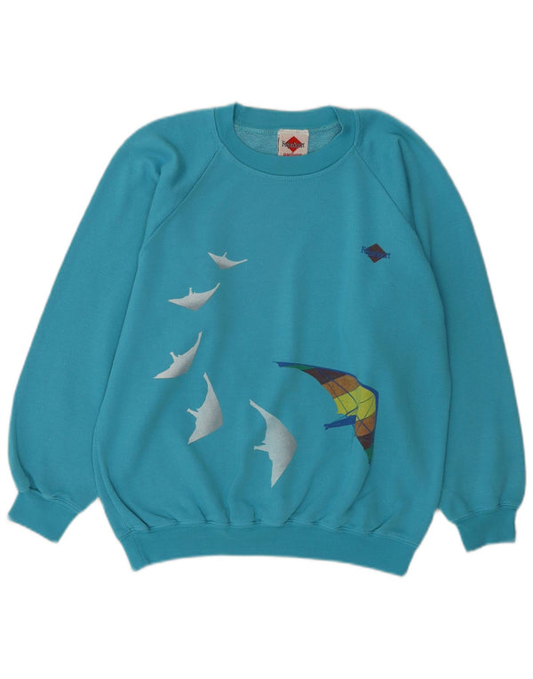 Vintage Γυναικείο Γραφικό Φούτερ Jumper UK 14 Medium Blue Cotton