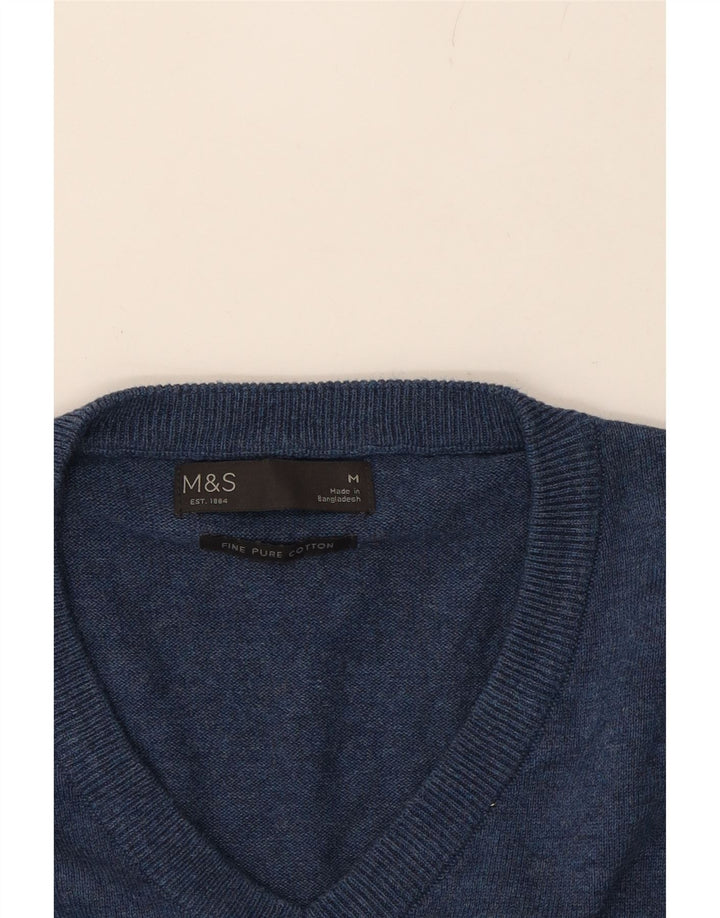 MARKS & SPENCER Mens V-Neck Jumper Sweater Medium Navy Blue Cotton Vintage Marks & Spencer and Second-Hand Marks & Spencer from Messina Hembry 