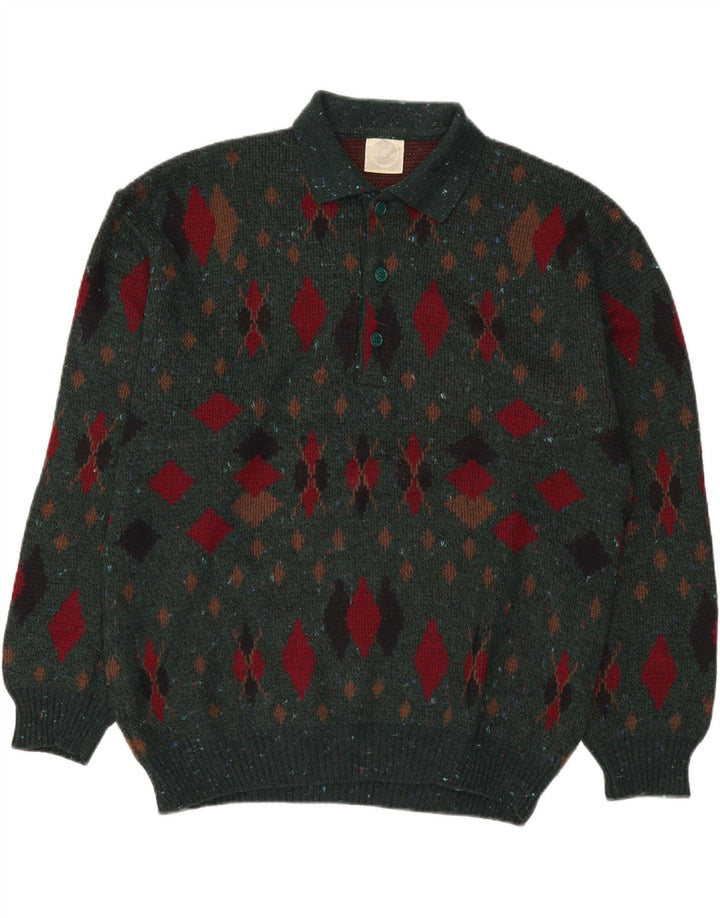 LINEA Ανδρικό πουλόβερ με λαιμόκοψη IT 50 μεσαίου πράσινου Argyle/Diamond