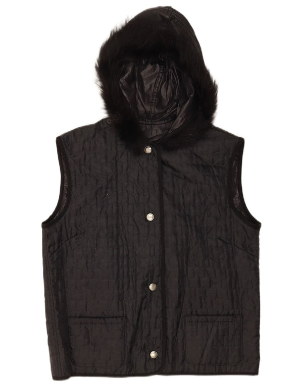 Vintage γυναικείο καπιτονέ Gilet UK 16 Large Μαύρο με κουκούλα
