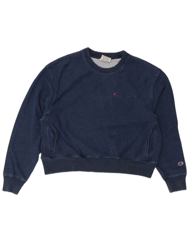 Champion Womens Crop Oversized Φούτερ Jumper UK 14 Medium Navy Blue