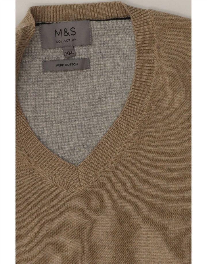Marks & Spencer Ανδρικό πουλόβερ με λαιμόκοψη 2XL Μπεζ βαμβακερό