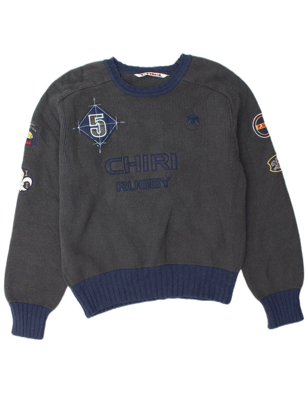 Vintage ανδρικό ράγκμπι γραφικό πουλόβερ με λαιμόκοψη μεγάλου γκρι μαλλί αρνιού