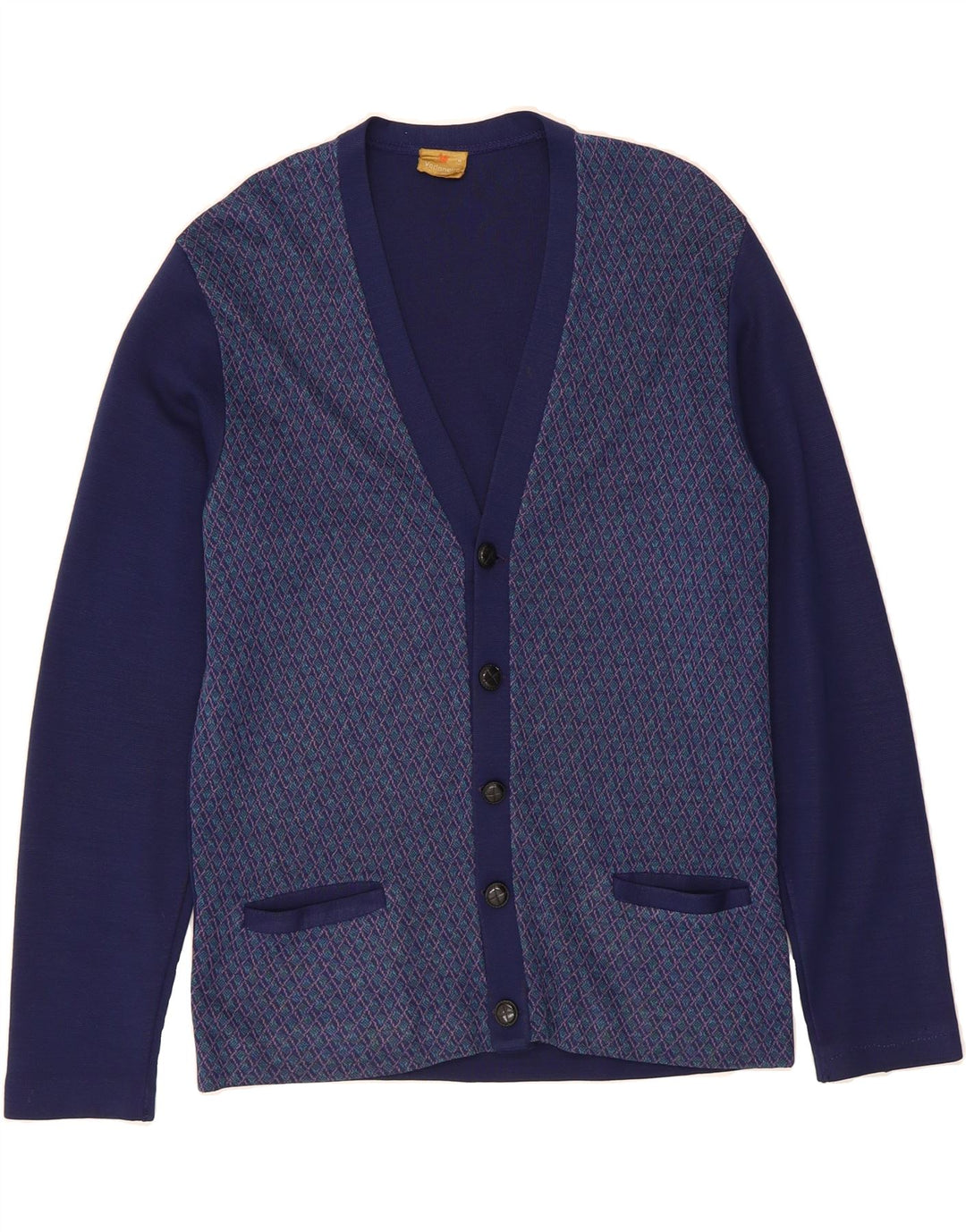VEDONEIRE Mens Cardigan Sweater Medium Navy Blue Argyle/Diamond Vintage Vedoneire and Second-Hand Vedoneire from Messina Hembry 