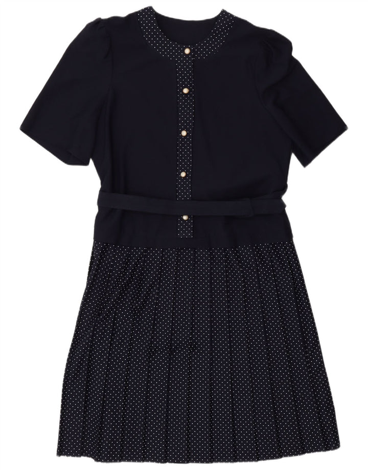 VINTAGE Γυναικείο φόρεμα A-Line UK 16 Large Navy Blue Spotted Polyester