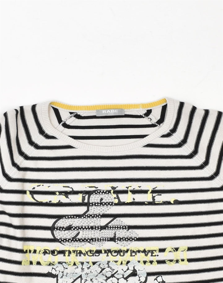 VINTAGE Womens Graphic Crew Neck Jumper Sweater UK 14 Large White Striped | Vintage Vintage | Thrift | Second-Hand Vintage | Used Clothing | Messina Hembry 